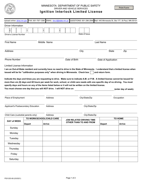 Form PS31203 Ignition Interlock Limited License - Minnesota