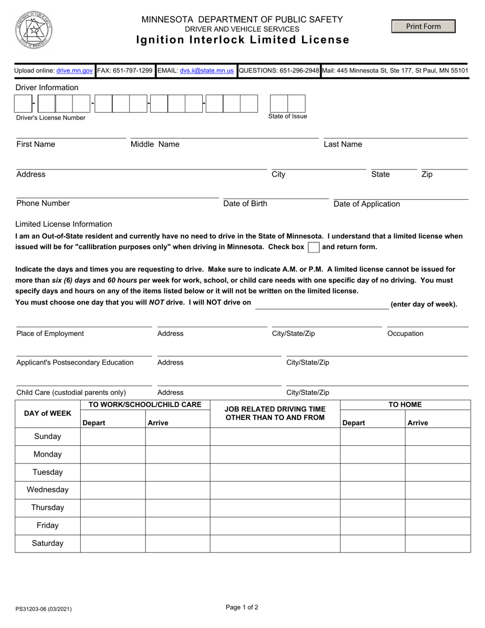 Form PS31203 Ignition Interlock Limited License - Minnesota, Page 1