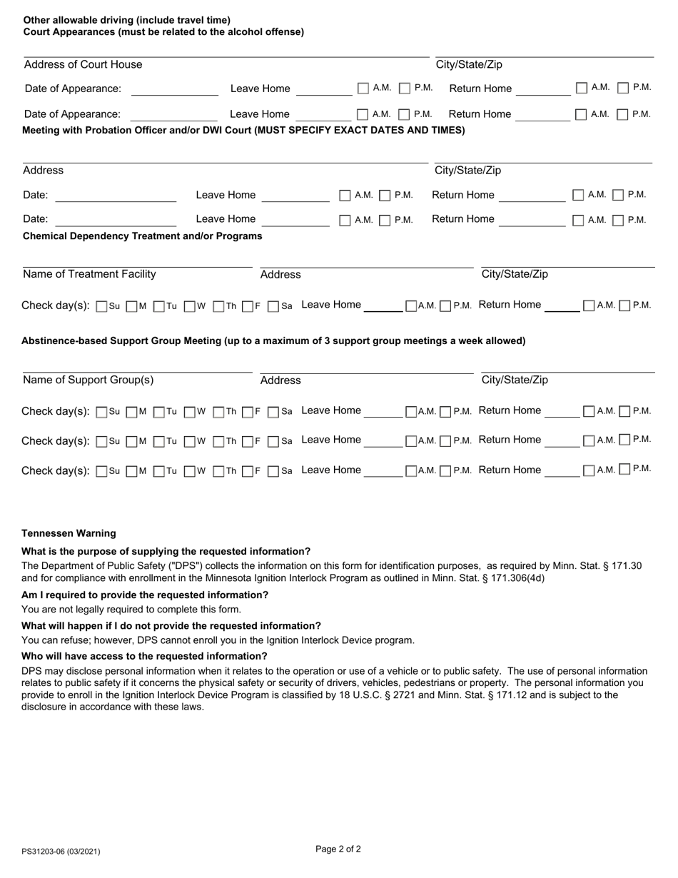Form PS31203 Ignition Interlock Limited License - Minnesota, Page 2