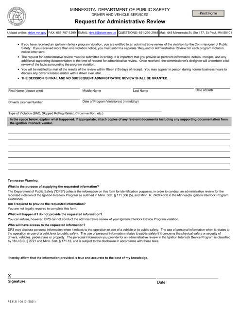 Form PS31211 Request for Administrative Review - Minnesota