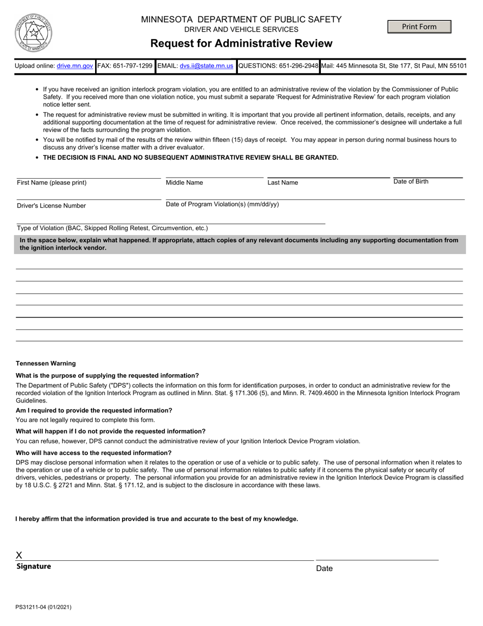 Form PS31211 Request for Administrative Review - Minnesota, Page 1