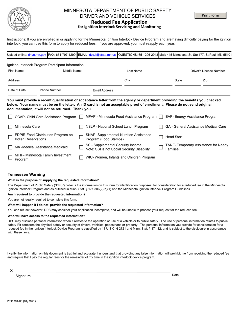 Form PS31204 Reduced Fee Application for Ignition Interlock Servicing and Monitoring - Minnesota, Page 1