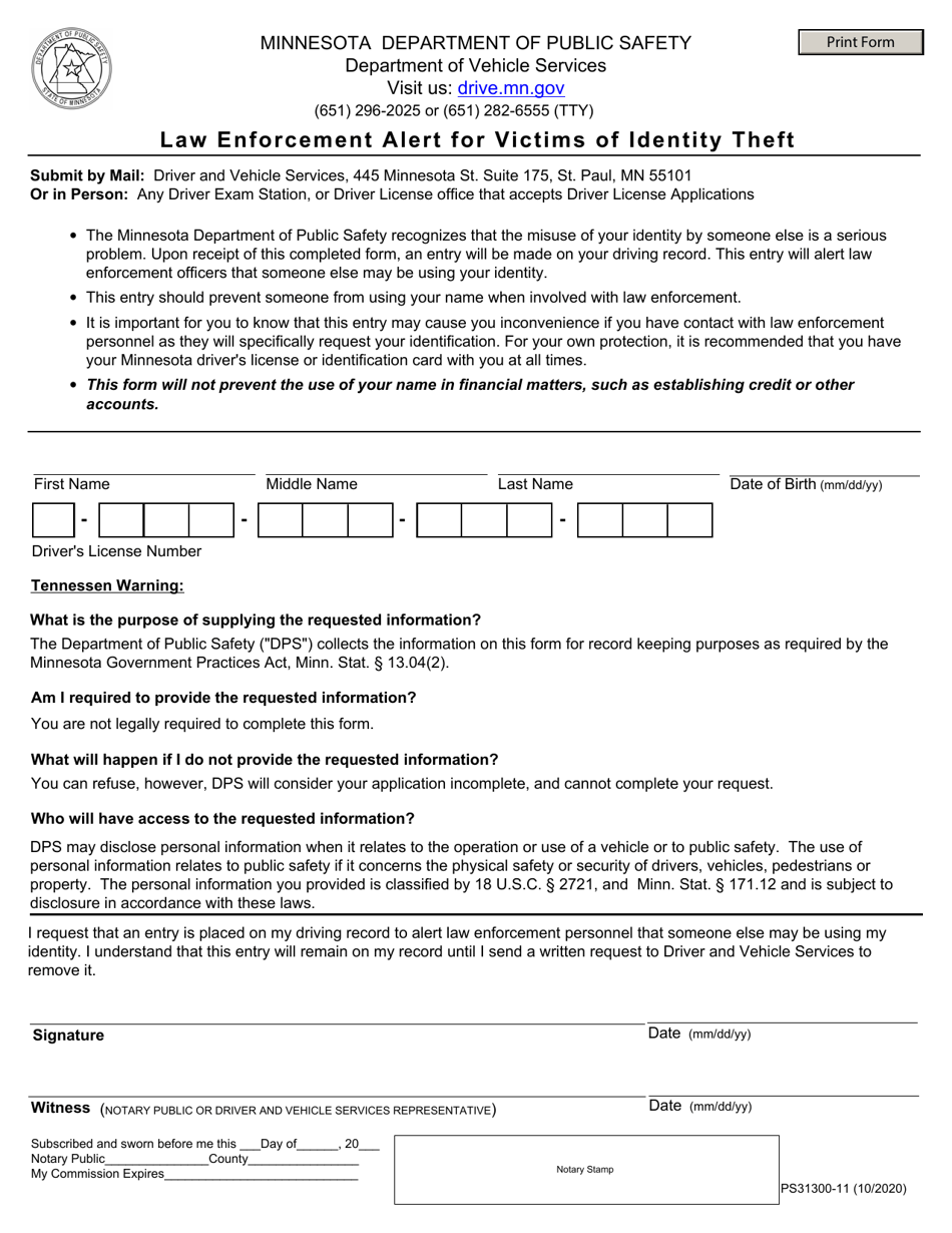 Form PS31300 Law Enforcement Alert for Victims of Identity Theft - Minnesota, Page 1