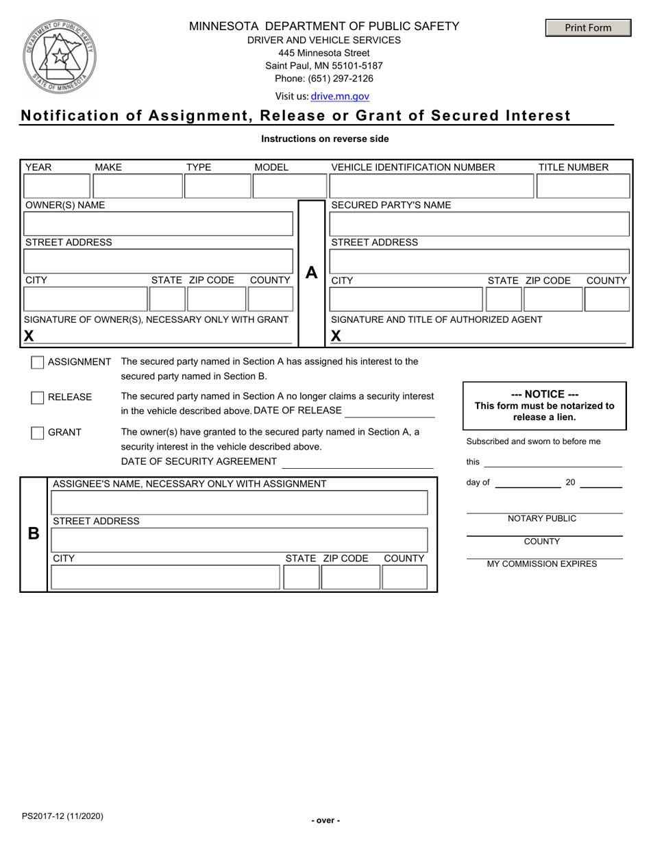 Form PS2017 Notification of Assignment, Release or Grant of Secured Interest - Minnesota, Page 1