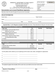 Form PS2405 &quot;Demonstration and in-Transit Plate/Sticker Application&quot; - Minnesota
