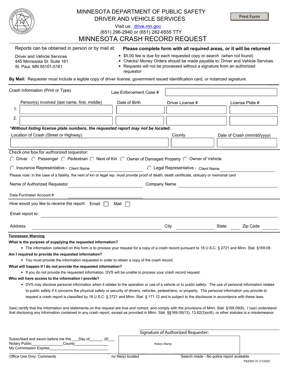 Form PS2503 Minnesota Crash Record Request - Minnesota, Page 1