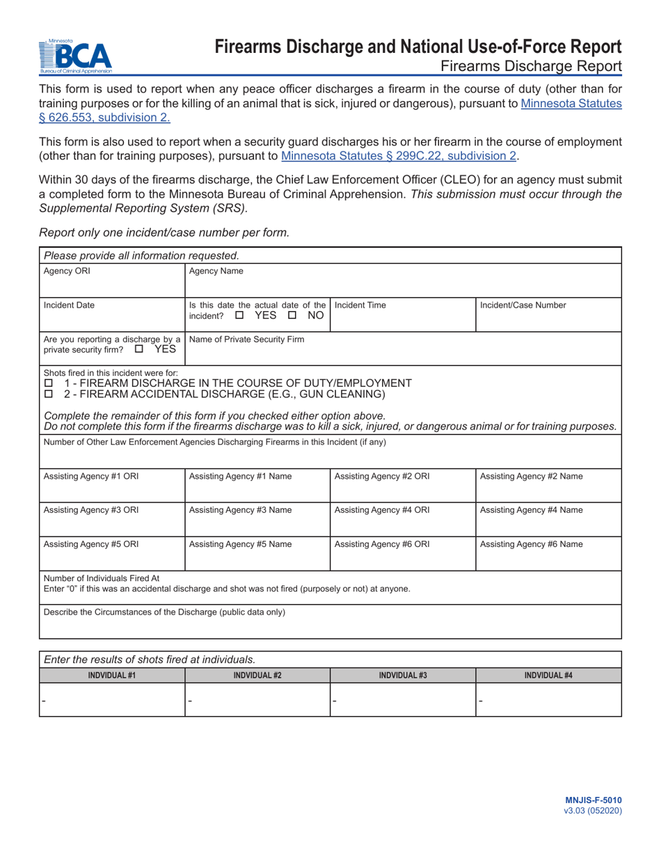 Form MNJIS-F-5010 Firearms Discharge and National Use-Of-Force Report - Minnesota, Page 1