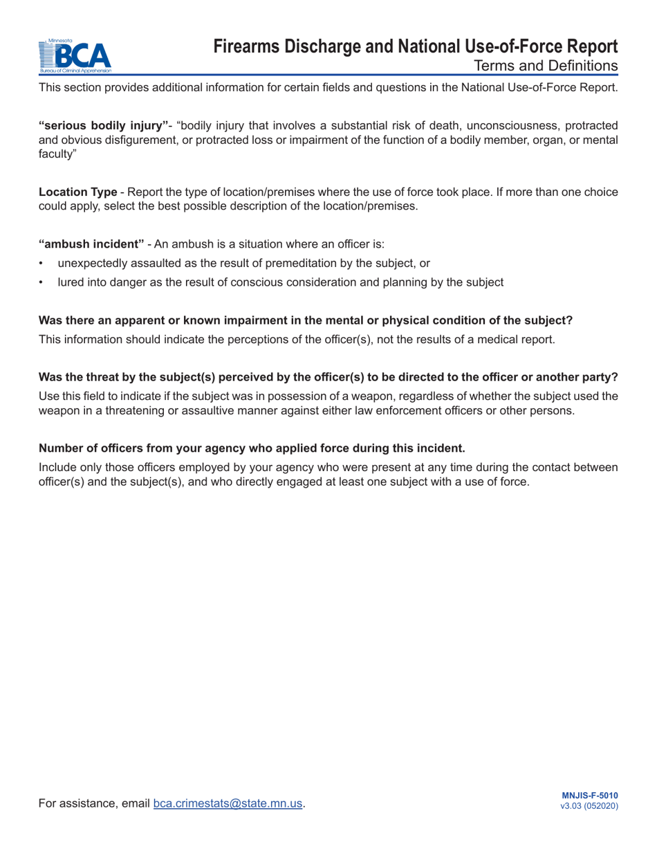 Form MNJIS-F-5010 Firearms Discharge and National Use-Of-Force Report - Minnesota, Page 9