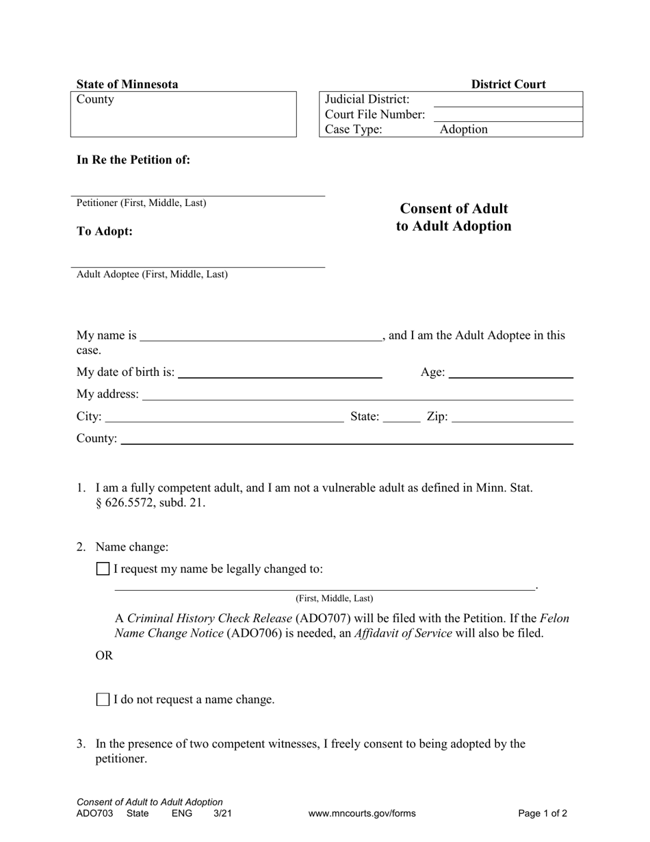Form ADO703 Consent of Adult to Adult Adoption - Minnesota, Page 1