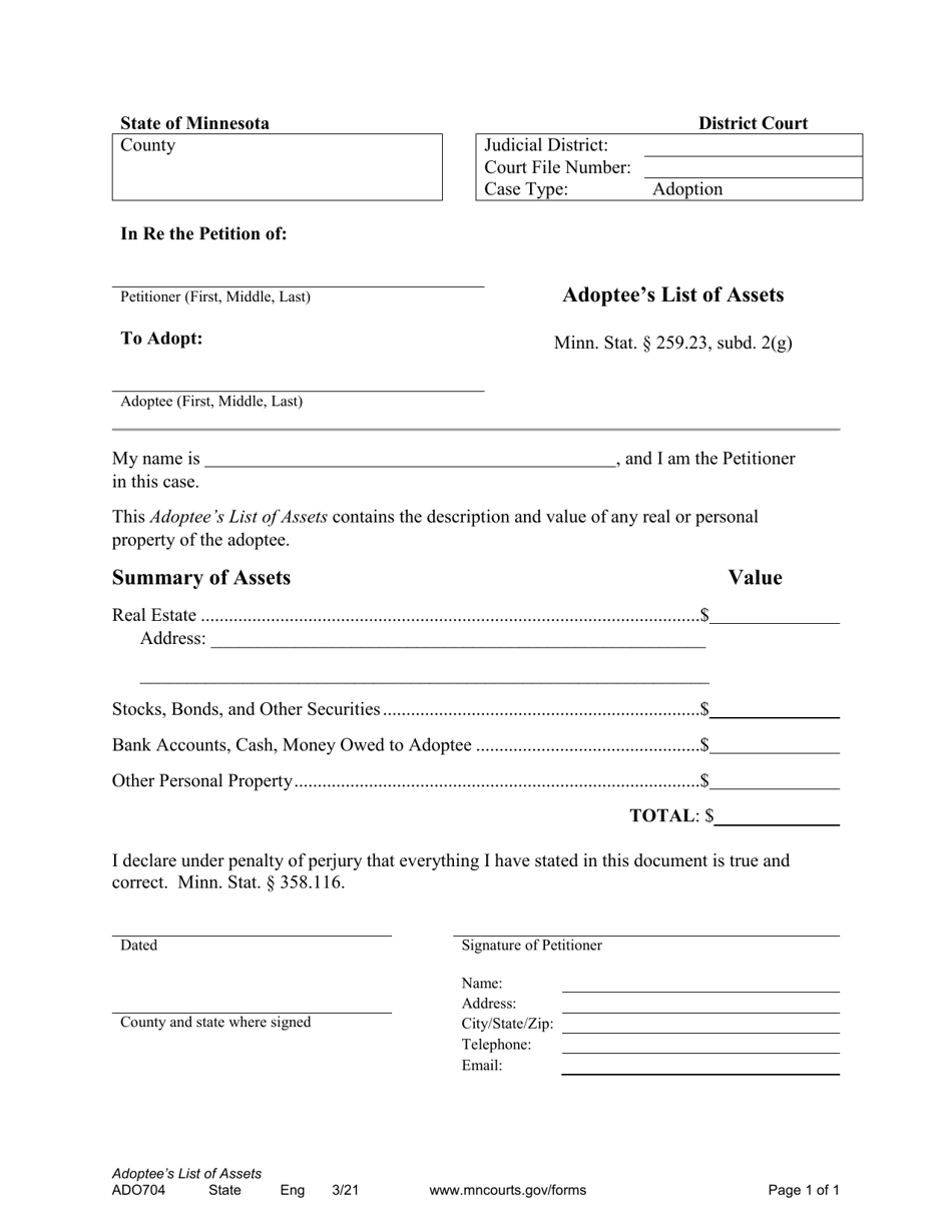 Form ADO704 Adoptees List of Assets - Minnesota, Page 1