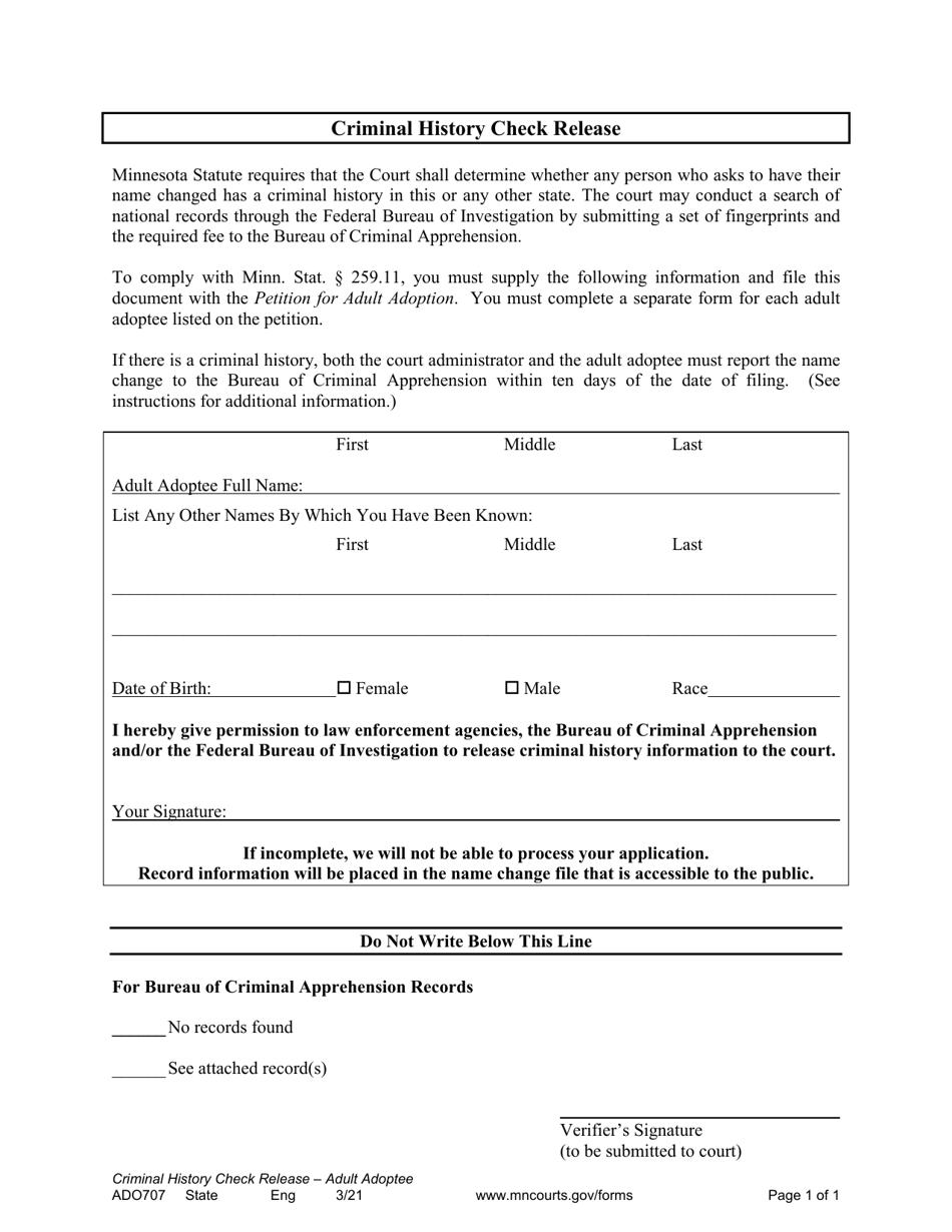 Form ADO707 Download Printable PDF or Fill Online Criminal History ...