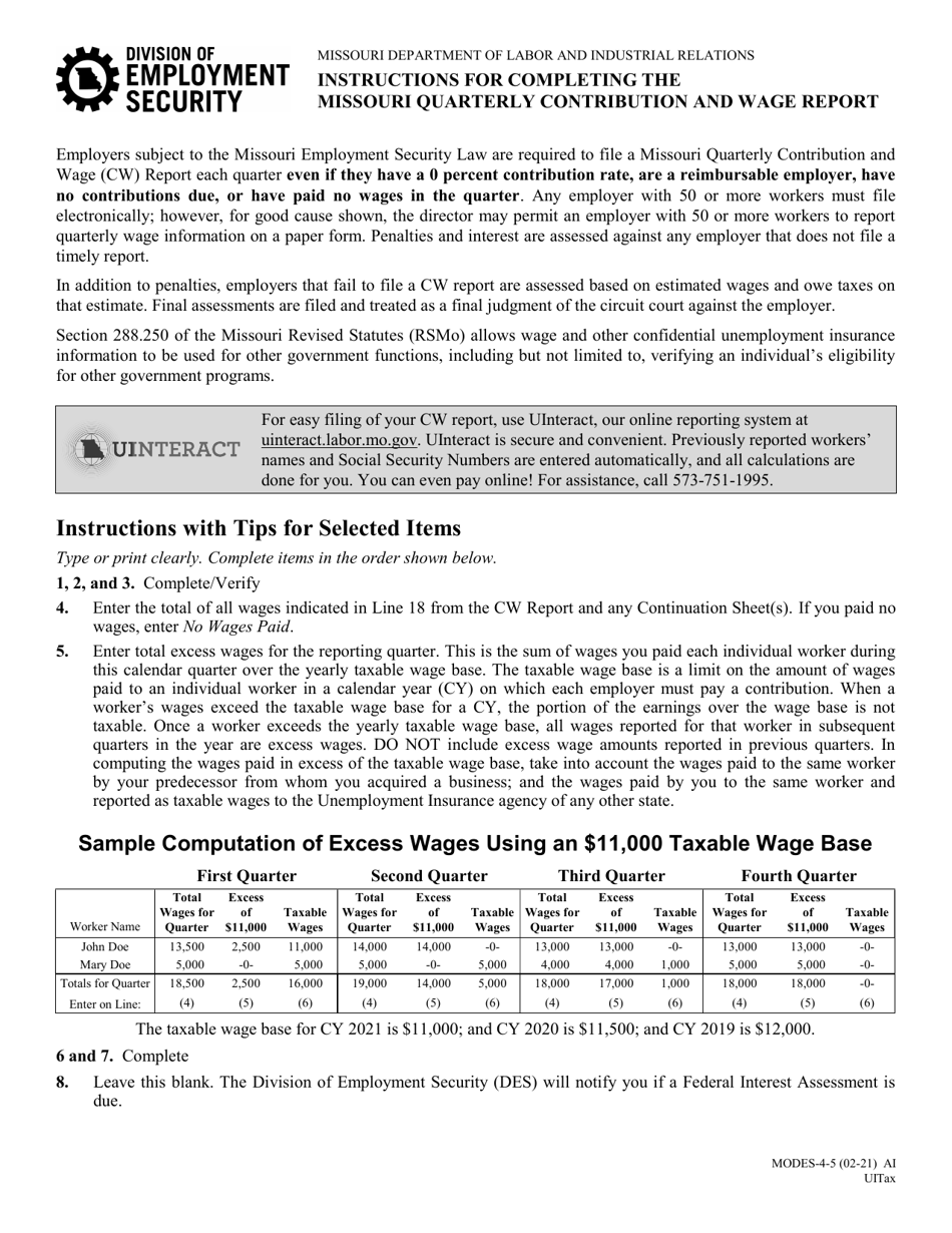 Instructions for Form MODES-4 Quarterly Contribution and Wage Report - Missouri, Page 1