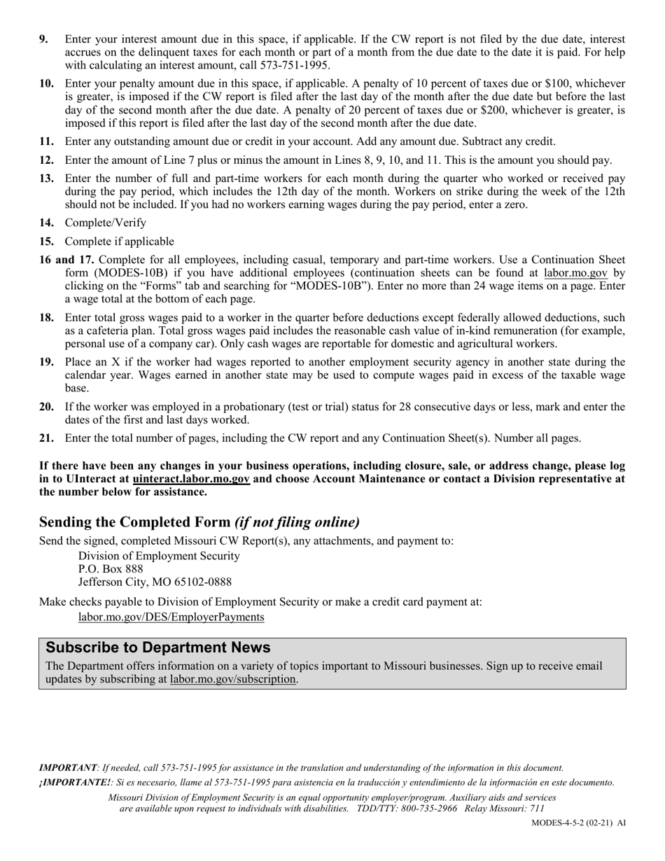 Instructions for Form MODES-4 Quarterly Contribution and Wage Report - Missouri, Page 2
