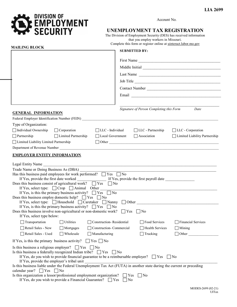 Form MODES-2699 Unemployment Tax Registration - Missouri, Page 1