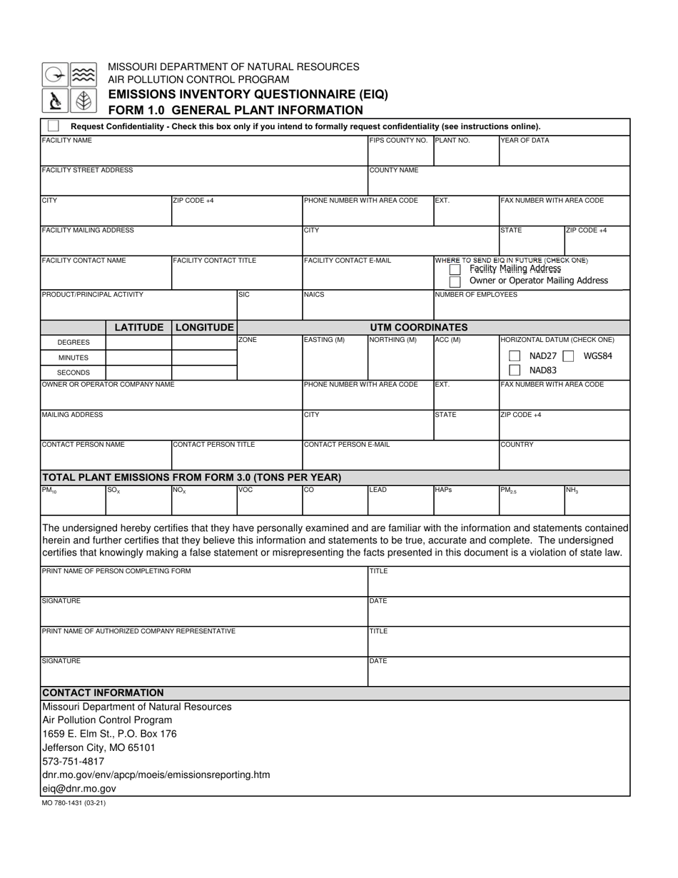 Form 1.0 (MO780-1431) Emissions Inventory Questionnaire (Eiq) - General Plant Information - Missouri, Page 1