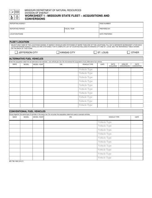 Form MO780-1663 Worksheet 1 Missouri State Fleet - Acquisitions and Conversions - Missouri