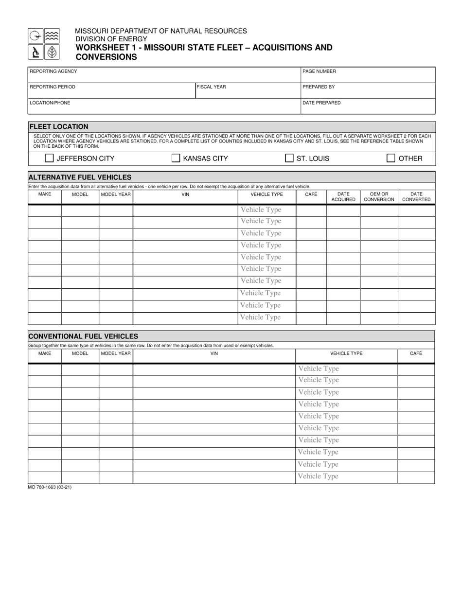 Form MO780-1663 Worksheet 1 Missouri State Fleet - Acquisitions and Conversions - Missouri, Page 1
