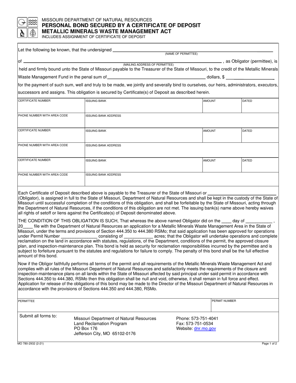 Form MO780-2932 Personal Bond Secured by a Certificate of Deposit Metallic Minerals Waste Management Act - Missouri, Page 1