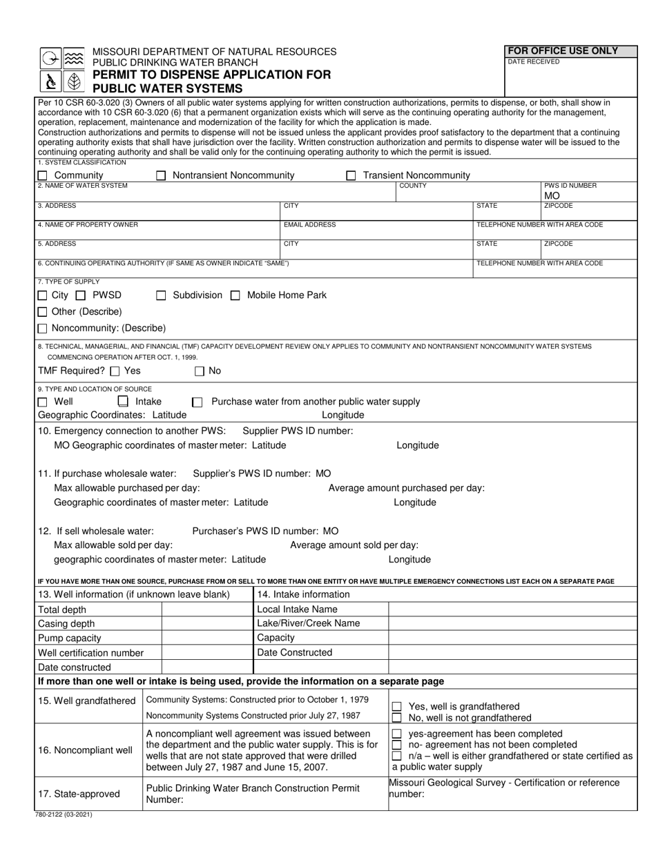 Form MO780-2122 Permit to Dispense Application for Public Water Systems - Missouri, Page 1
