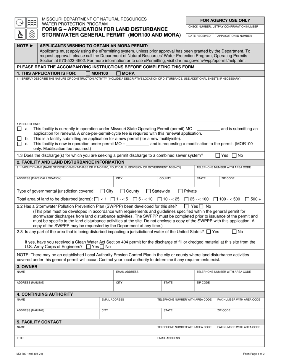 Form G (MO780-1408) Application for Land Disturbance Stormwater General Permit (Mor100 and Mora) - Missouri, Page 1