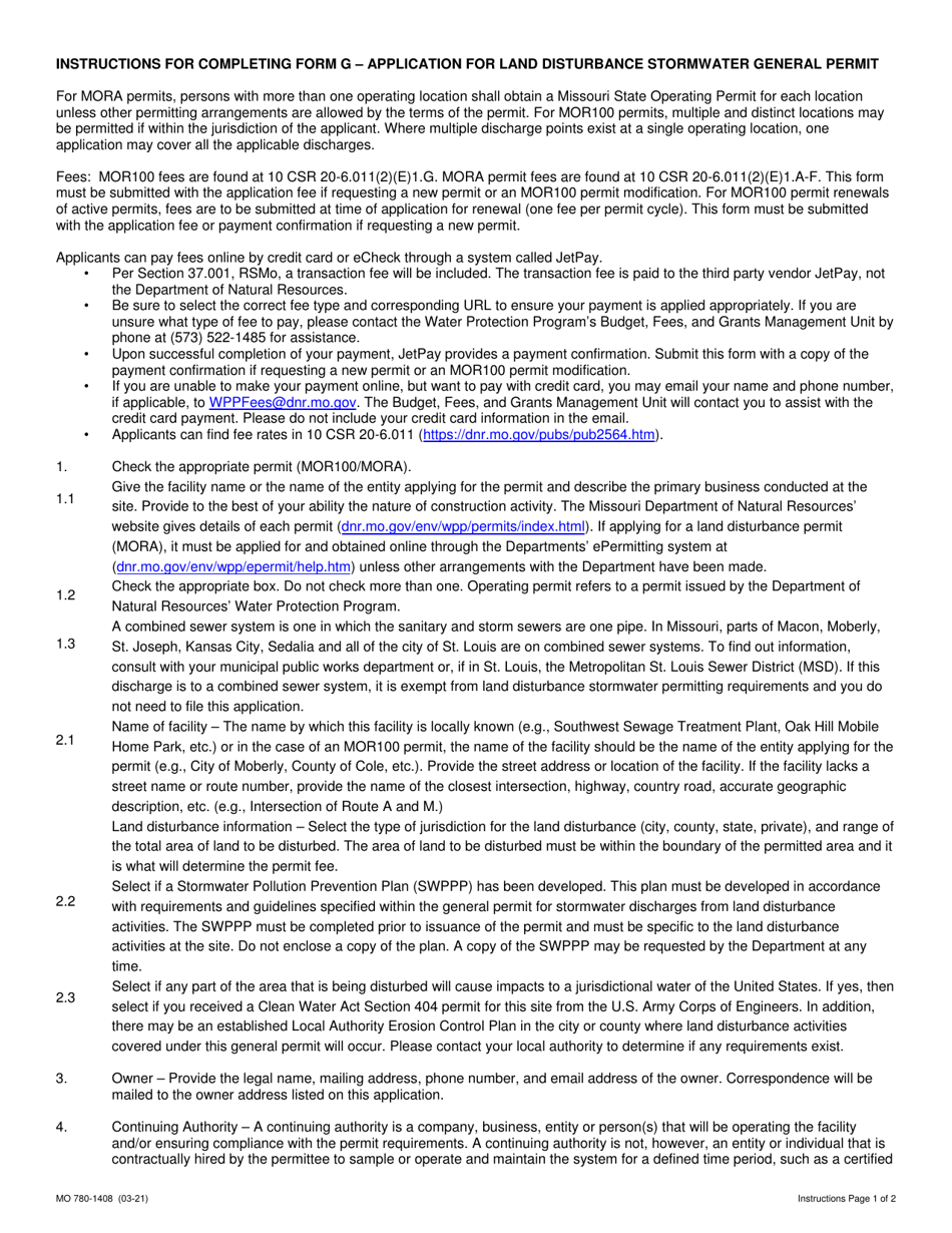 Form G (MO780-1408) Application for Land Disturbance Stormwater General Permit (Mor100 and Mora) - Missouri, Page 3
