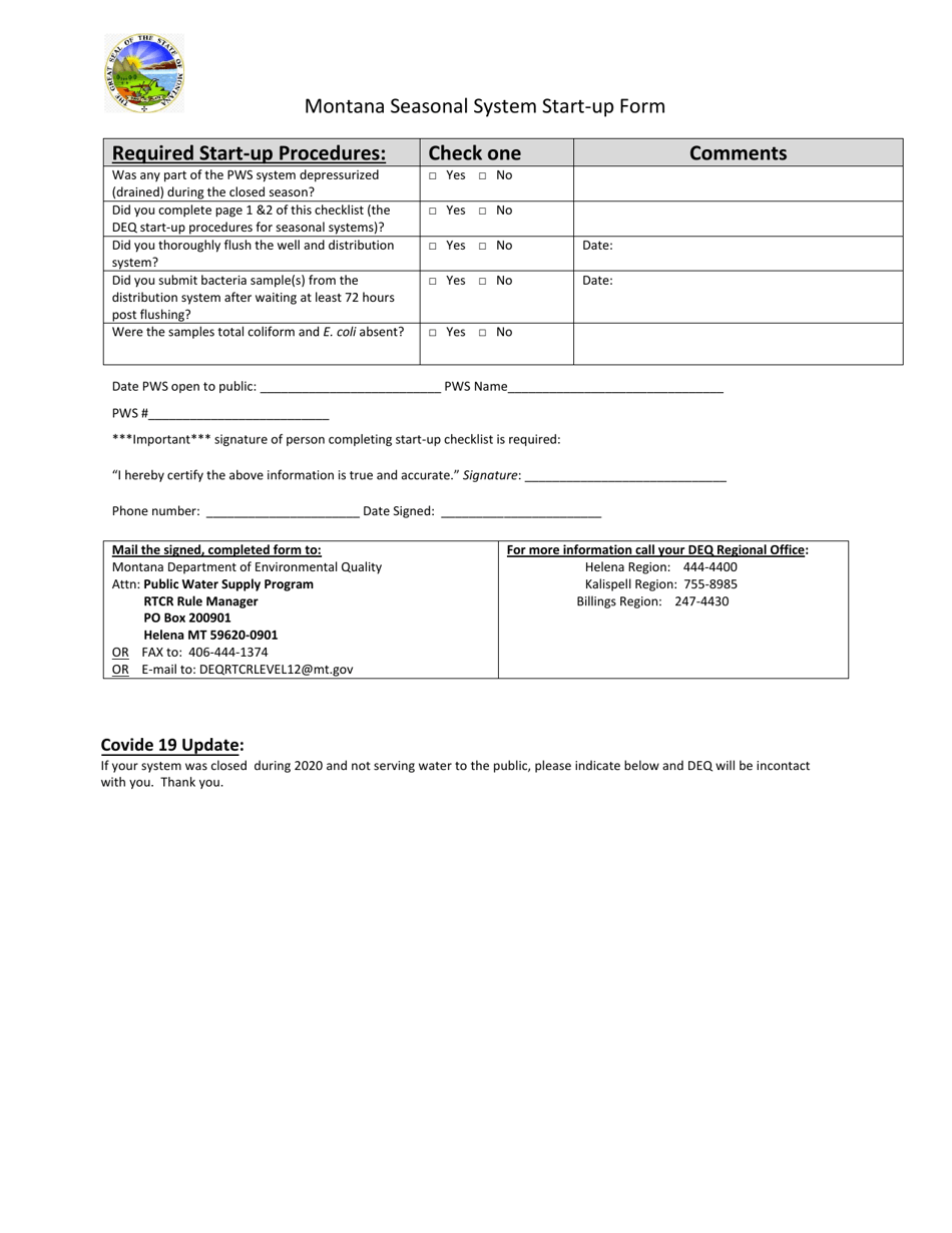 Montana Seasonal System Start-Up Form - Montana, Page 3