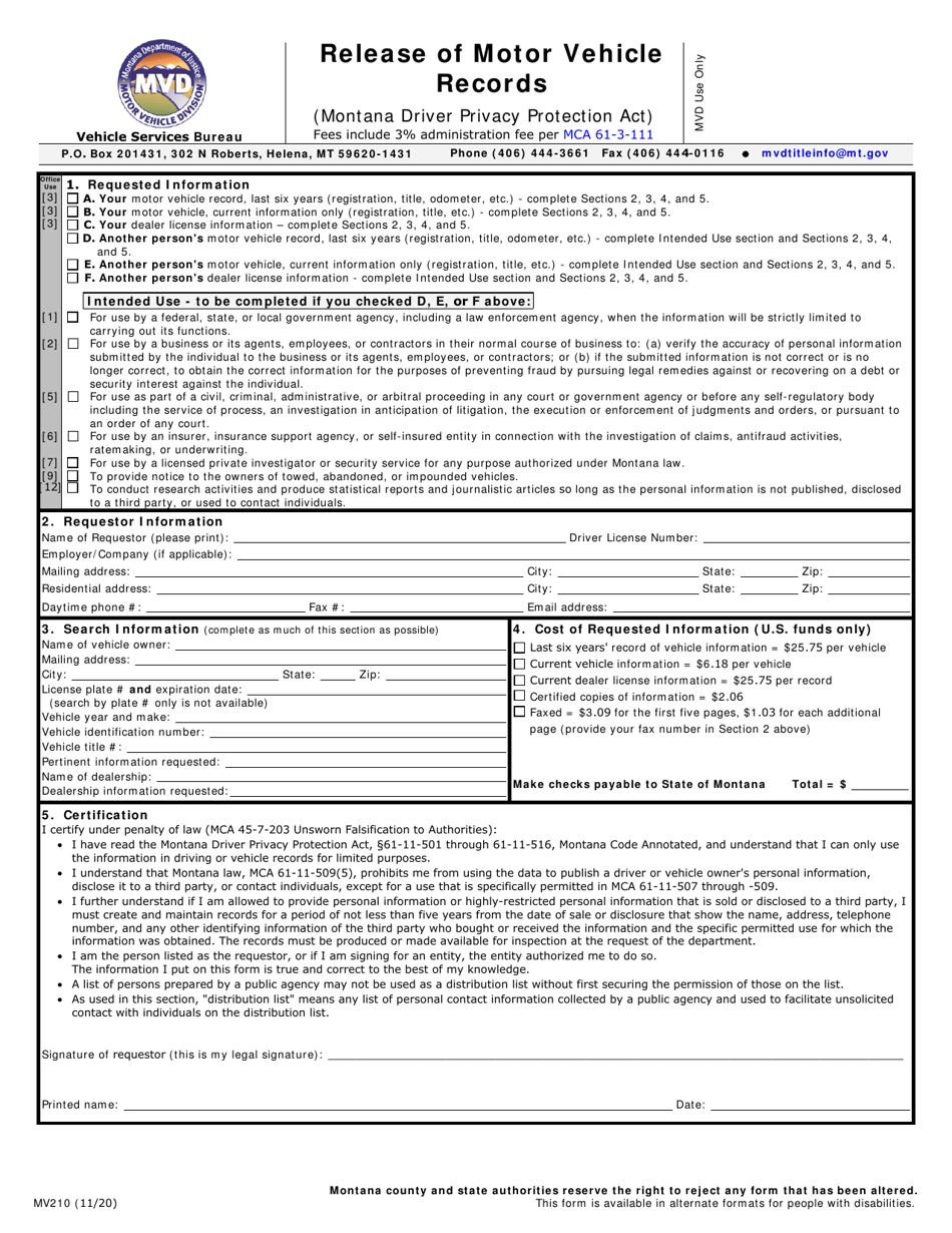 Form MV210 Release of Motor Vehicle Records - Montana, Page 1