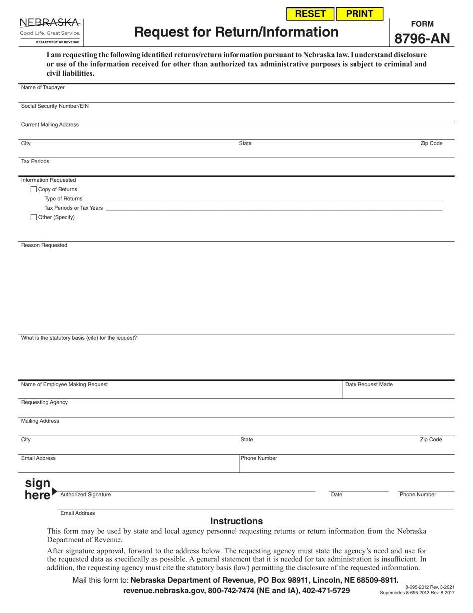 Form 8796-AN Request for Return / Information - Nebraska, Page 1