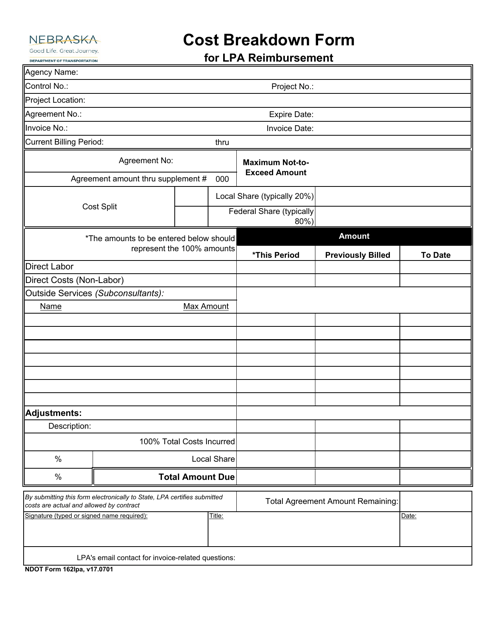 NDOT Form 162LPA Cost Breakdown Form for Lpa Reimbursement - Nebraska