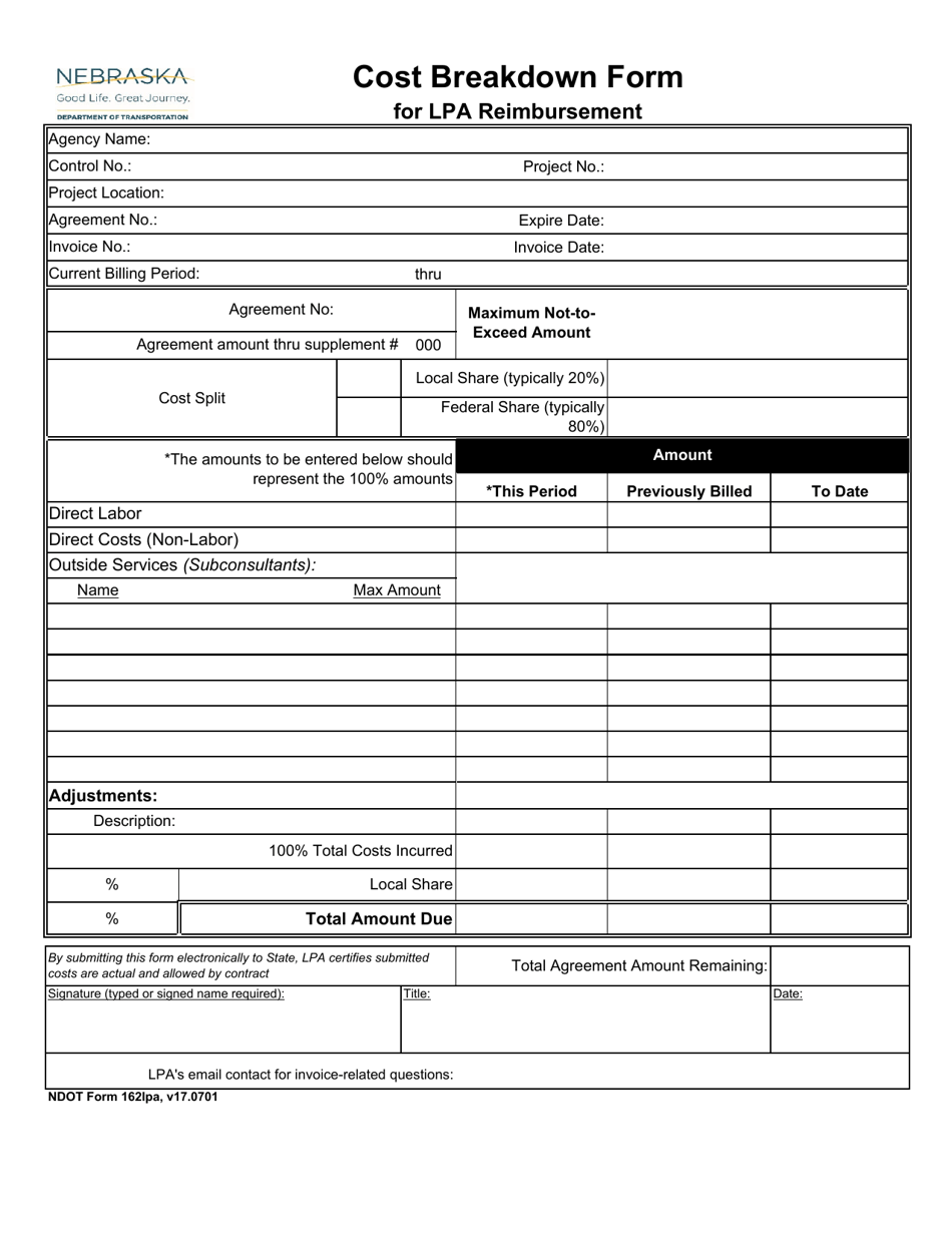 NDOT Form 162LPA Cost Breakdown Form for Lpa Reimbursement - Nebraska, Page 1