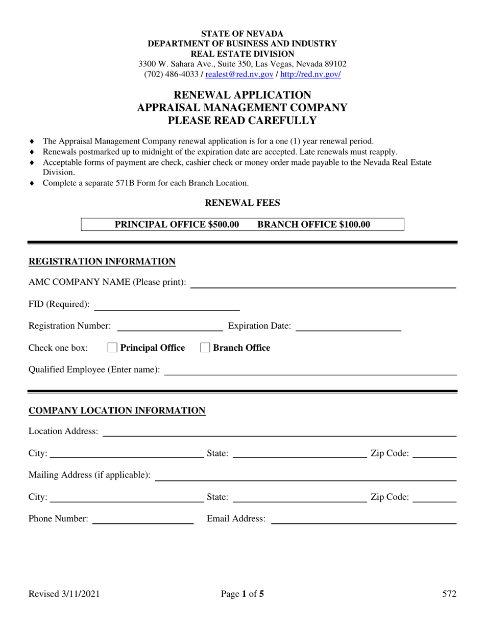 Form 572 Appraisal Management Company Renewal Application - Nevada, Page 1