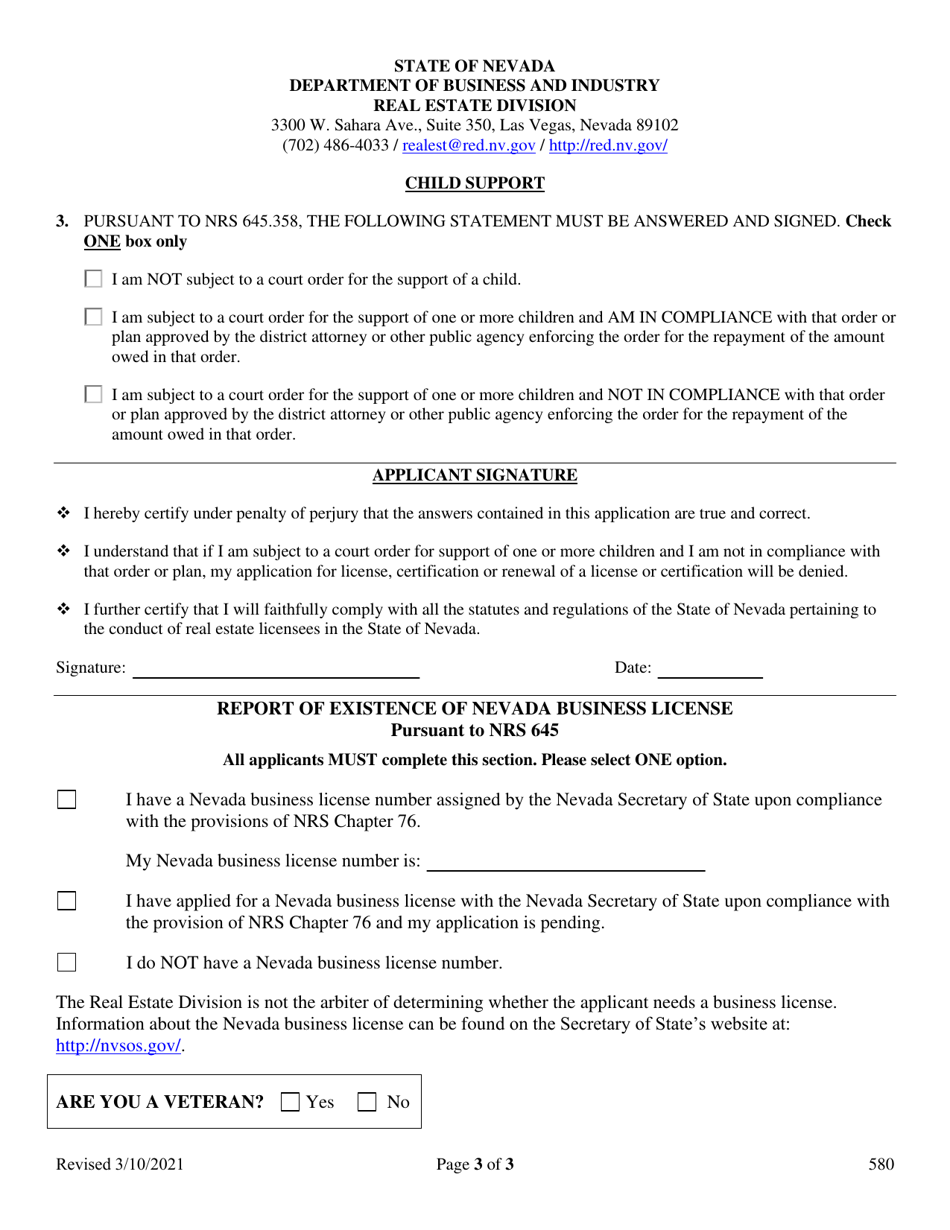 Form 580 Renewal Application - Broker, Broker Salesperson, or Salesperson License Business Broker and Property Manager Permit - Nevada, Page 3