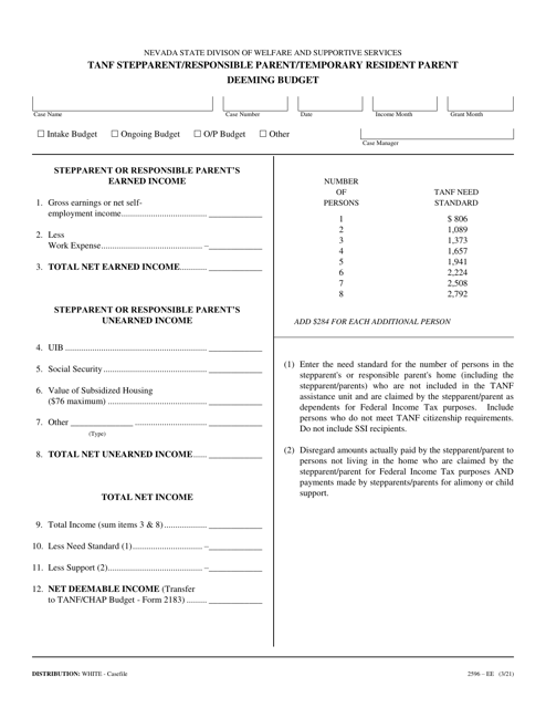 Form 2596-EE TANF Stepparent/Responsible Parent/Temporary Resident Parent Deeming Budget - Nevada