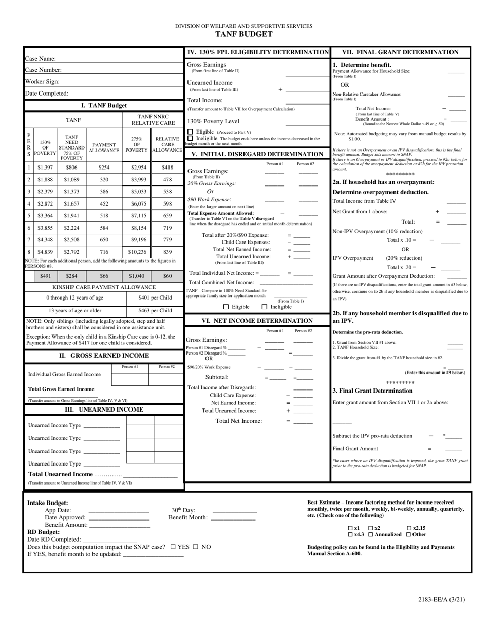 Form 2183-EE / A TANF Budget - Nevada, Page 1