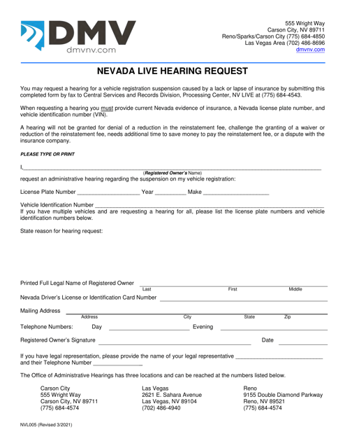 Form NVL005 Nevada Live Hearing Request - Nevada