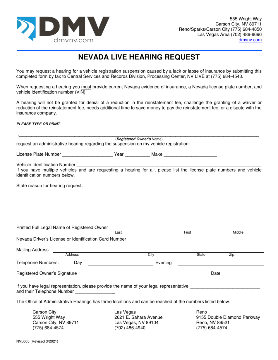 Form NVL005 Nevada Live Hearing Request - Nevada, Page 1