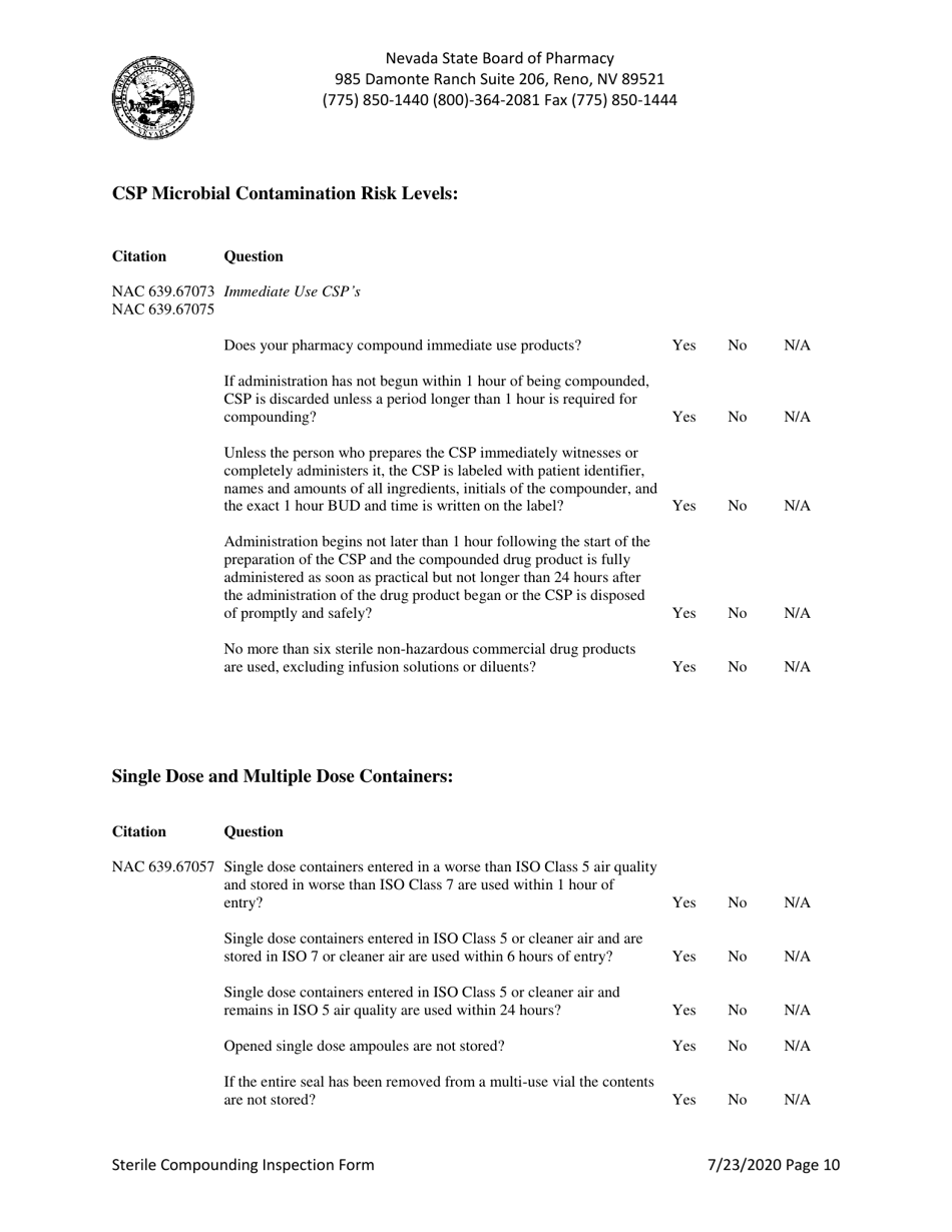 Sterile Compounding Inspection Form - Nevada, Page 10