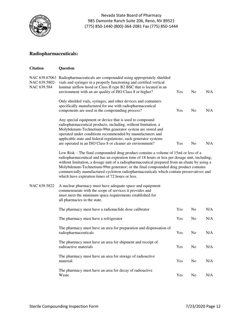 Sterile Compounding Inspection Form - Nevada, Page 12