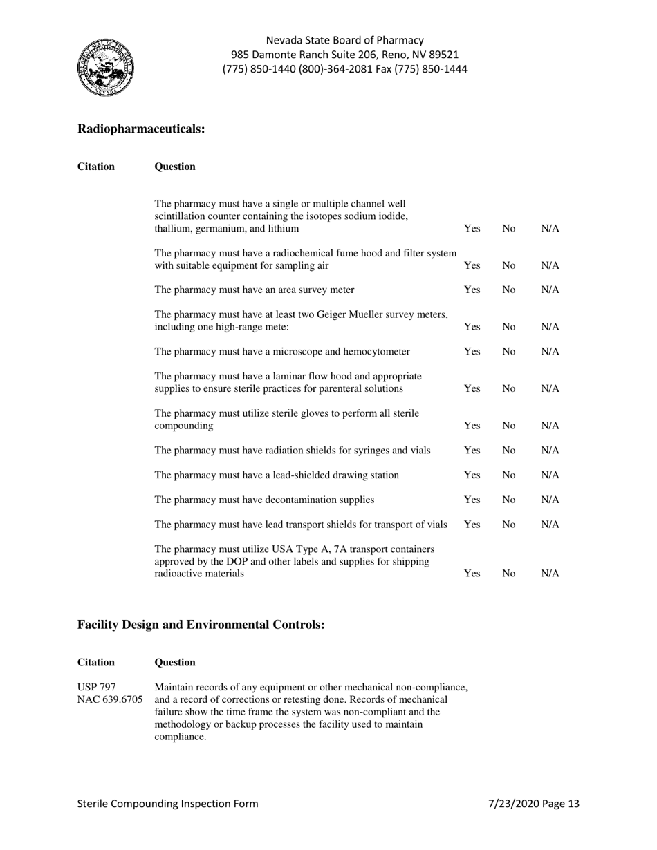 Sterile Compounding Inspection Form - Nevada, Page 13