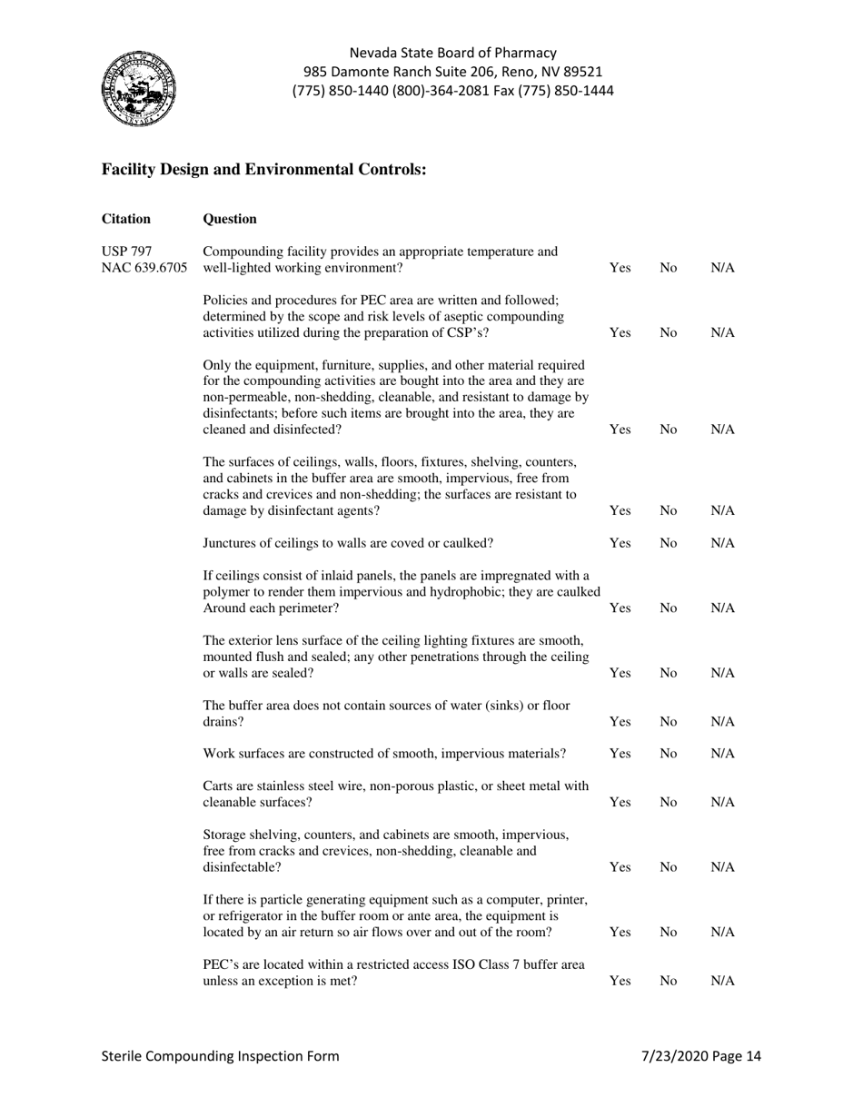 Sterile Compounding Inspection Form - Nevada, Page 14