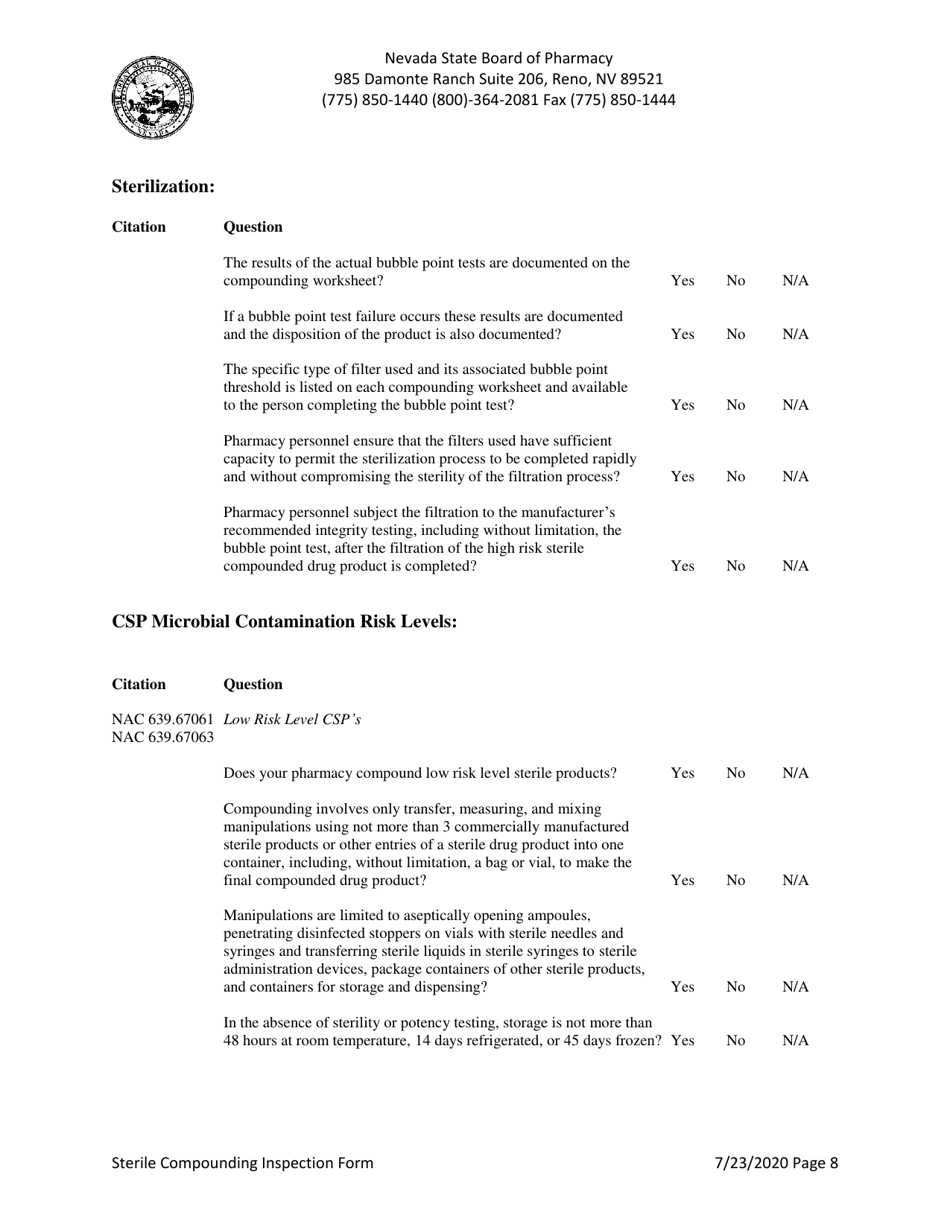 Sterile Compounding Inspection Form - Nevada, Page 8