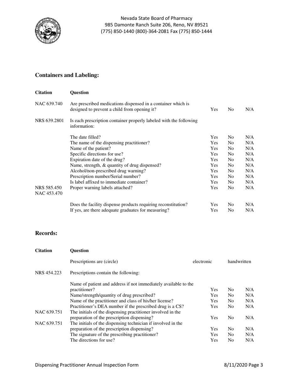Dispensing Practitioner Annual Inspection Form - Nevada, Page 3