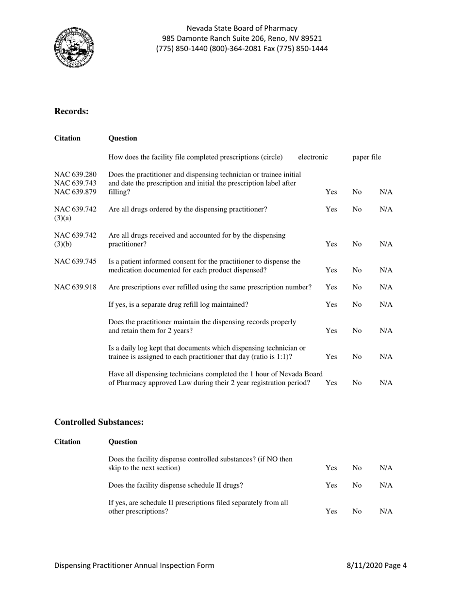 Dispensing Practitioner Annual Inspection Form - Nevada, Page 4