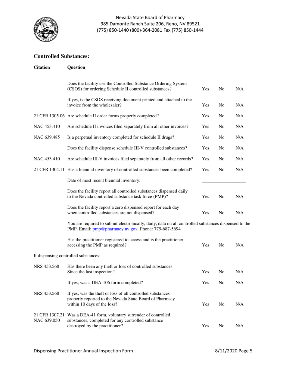 Dispensing Practitioner Annual Inspection Form - Nevada, Page 5