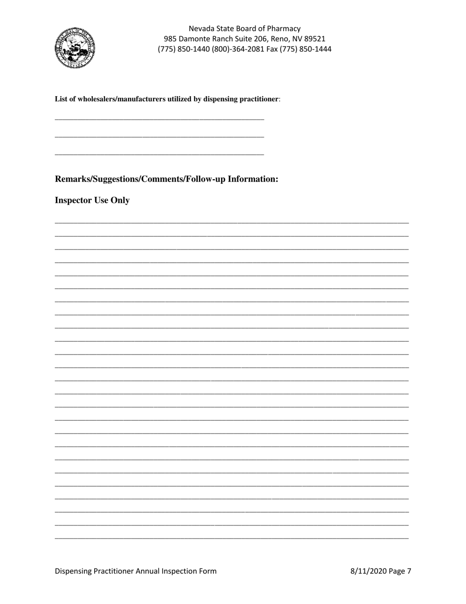 Dispensing Practitioner Annual Inspection Form - Nevada, Page 7