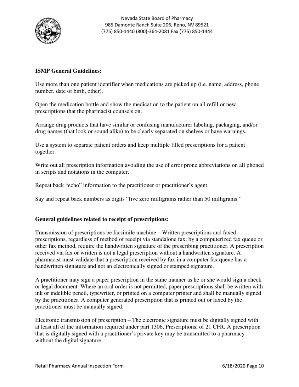 Retail Pharmacy Annual Inspection Form - Nevada, Page 10