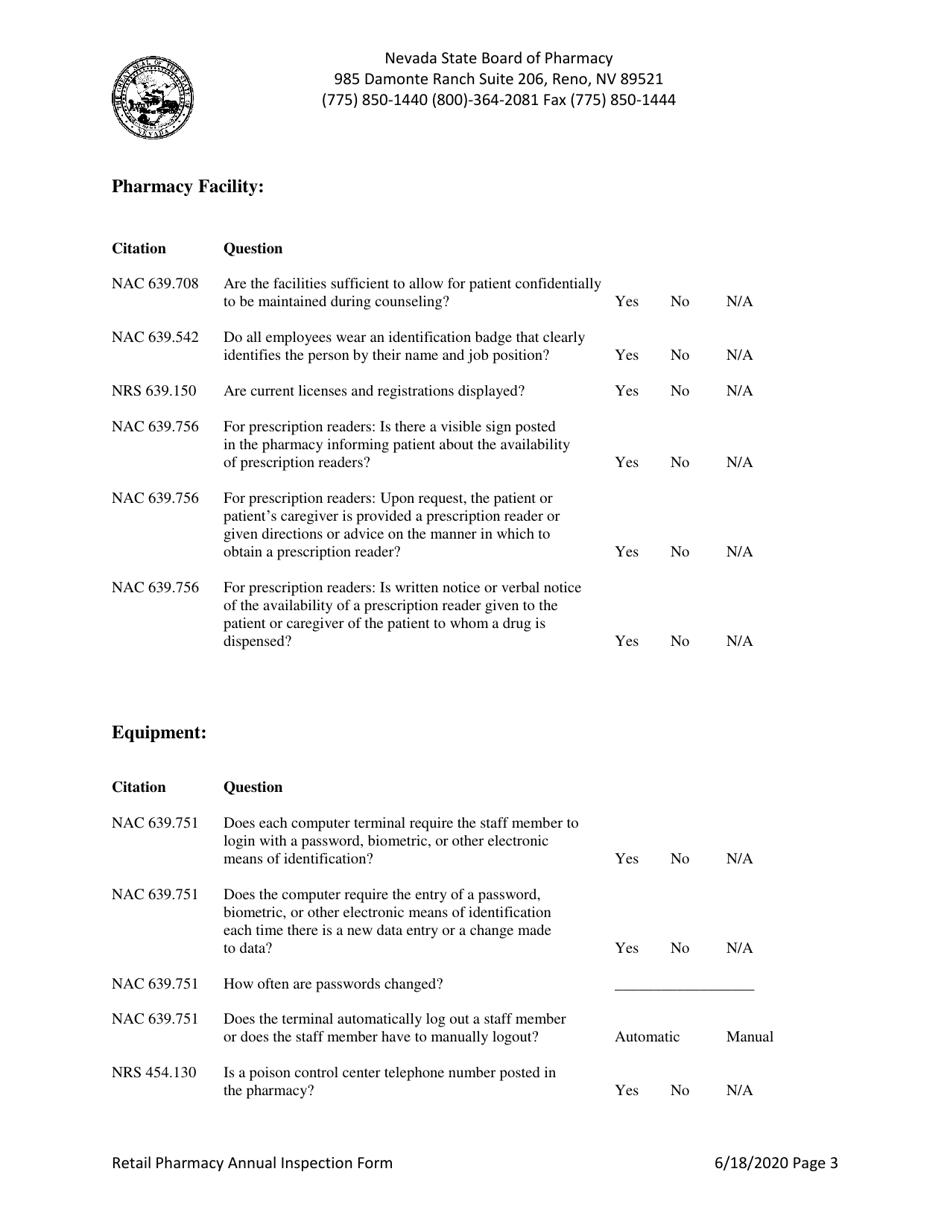 Retail Pharmacy Annual Inspection Form - Nevada, Page 3