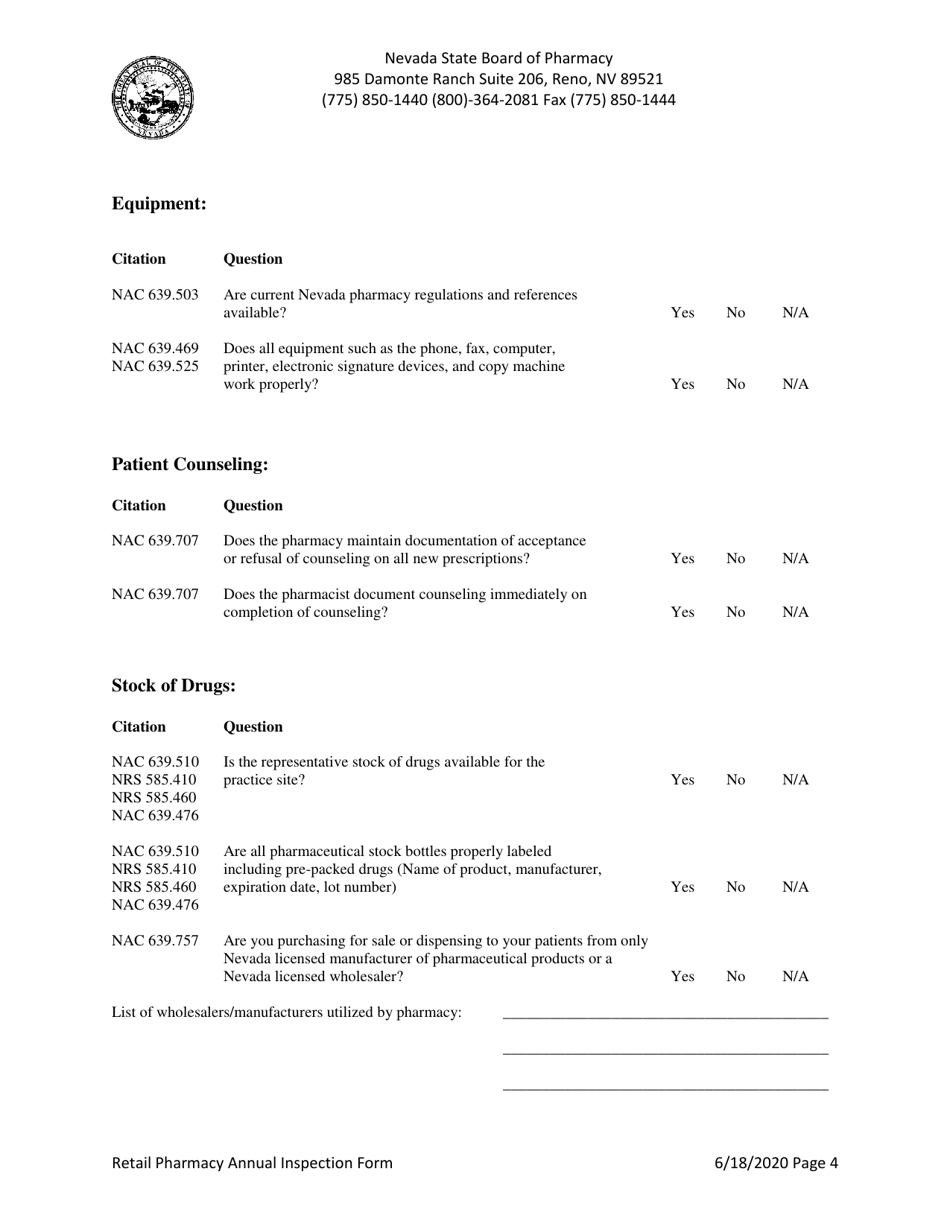 Retail Pharmacy Annual Inspection Form - Nevada, Page 4