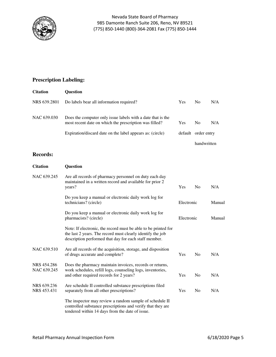 Retail Pharmacy Annual Inspection Form - Nevada, Page 5