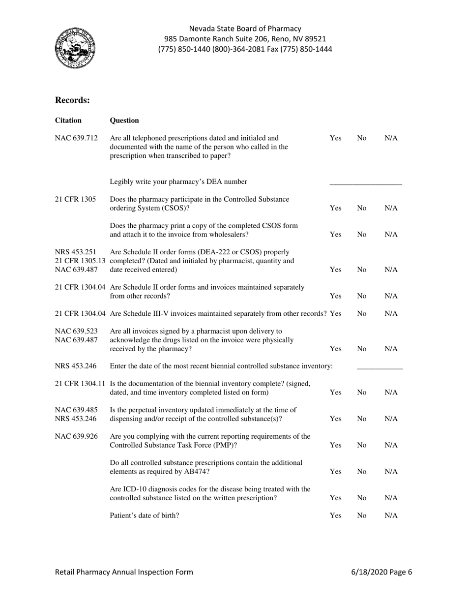 Retail Pharmacy Annual Inspection Form - Nevada, Page 6